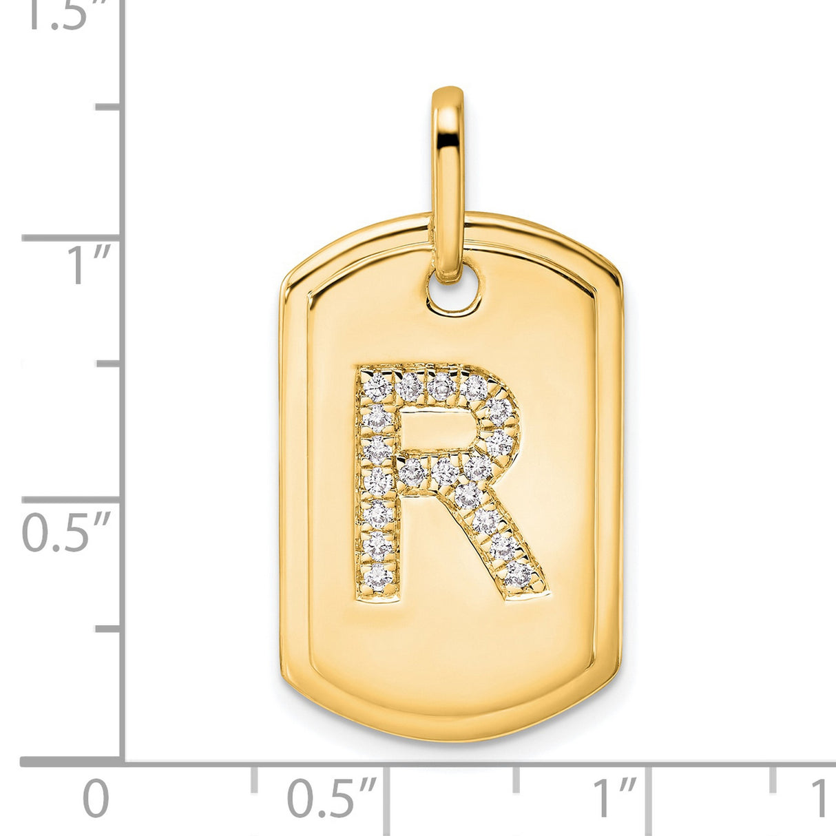 14k Yellow Gold Dog Tag Pendant with Pavé Diamond Letter R, Unisex Initial Charm