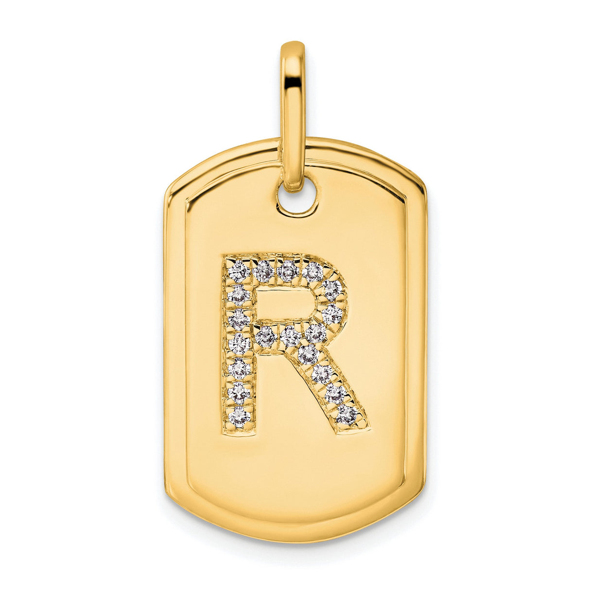 14k Yellow Gold Dog Tag Pendant with Pavé Diamond Letter R, Unisex Initial Charm
