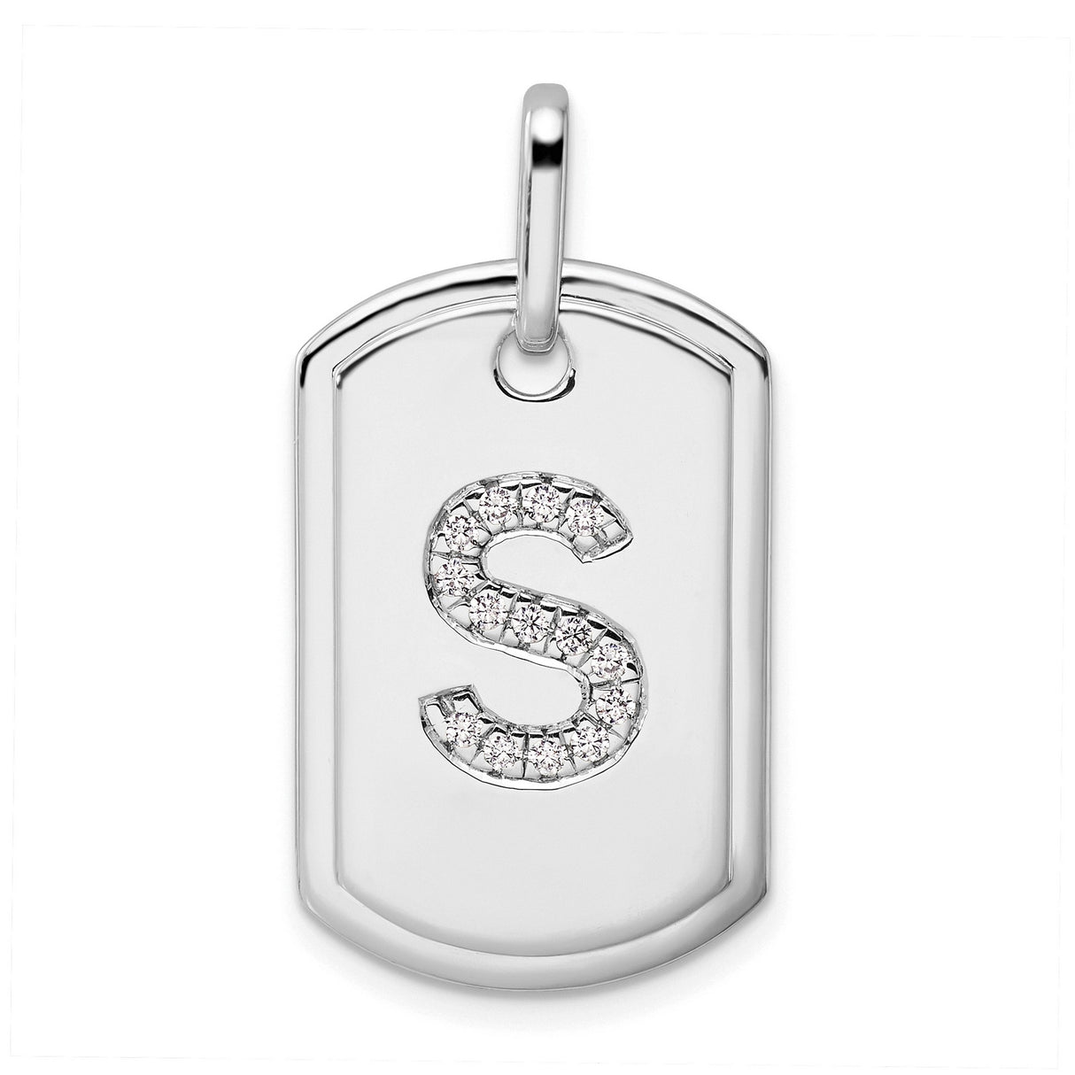14k White Gold Diamond Letter S Pendant, Unisex Dog Tag Charm with Polished Finish
