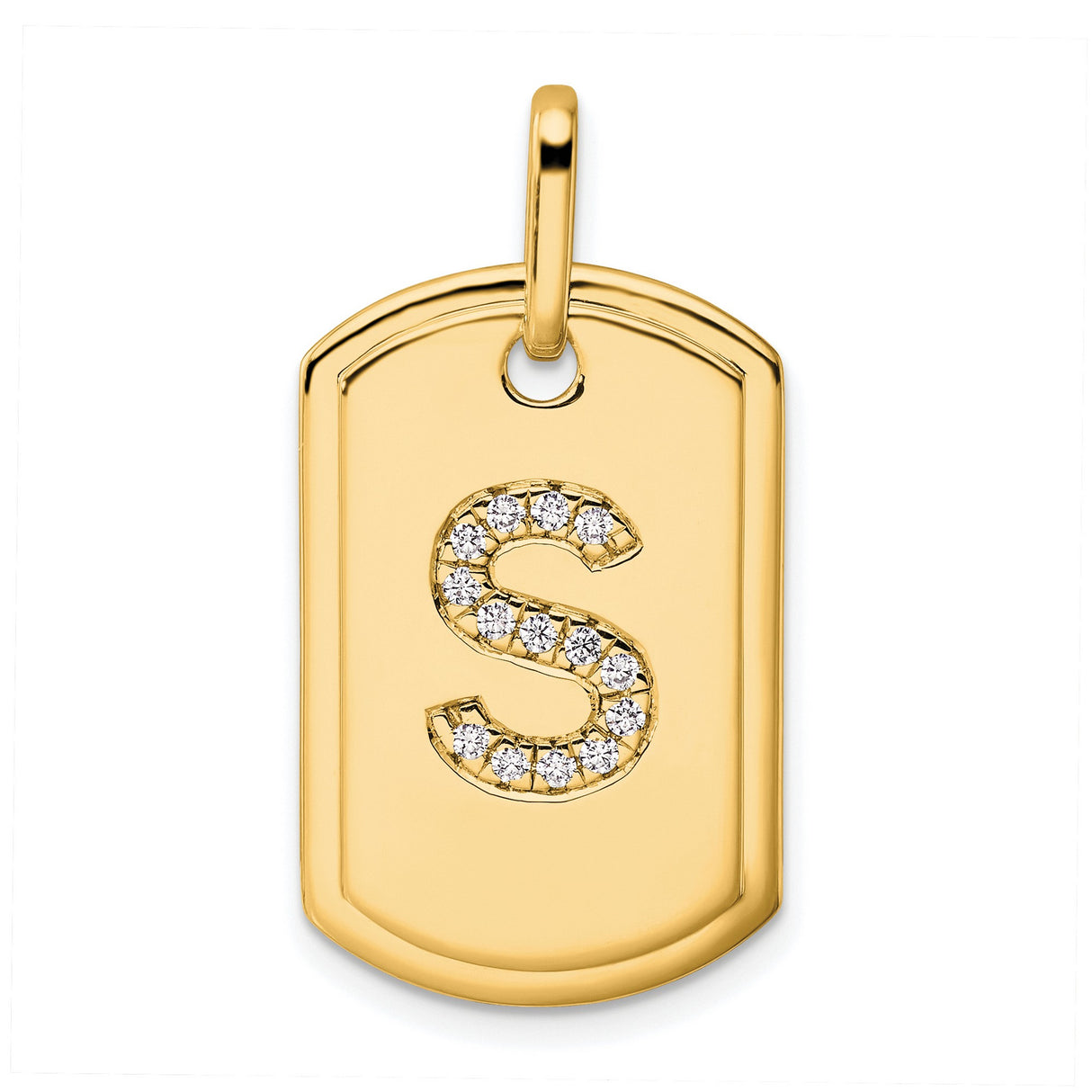 14k Yellow Gold Dog Tag Pendant with Diamond Accent, Letter S Initial Charm