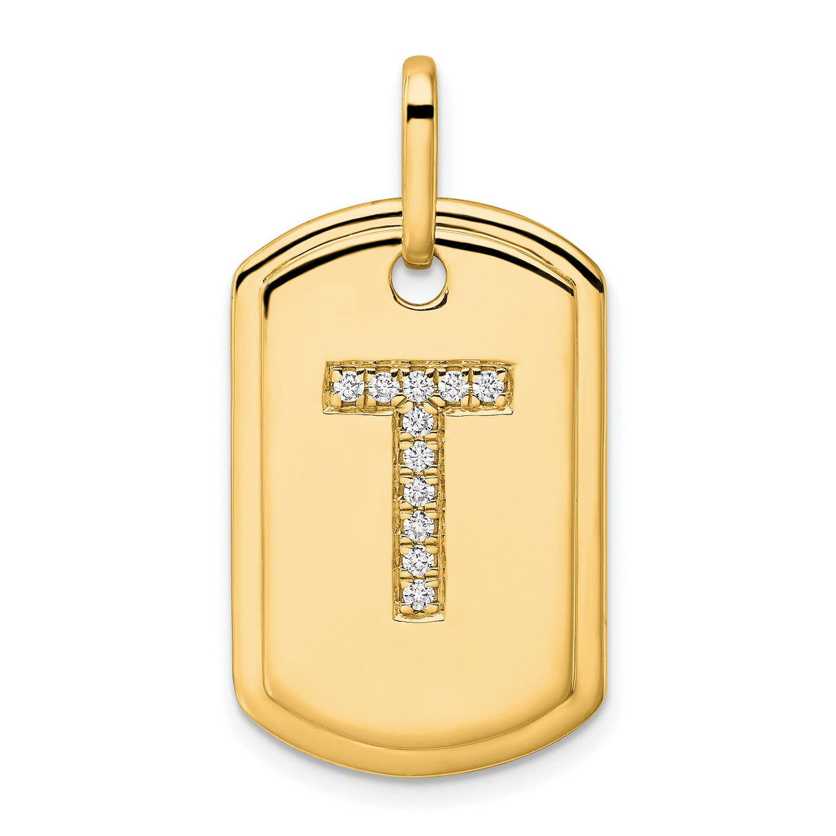 14k Yellow Gold Pendant with Pavé Diamond Letter T on Dog Tag Plate Charm