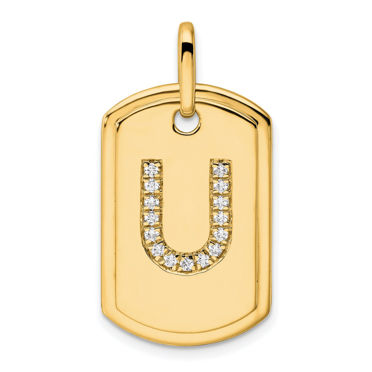 14k Yellow Gold Dog Tag Pendant with Diamond Letter U, Custom Initial Charm