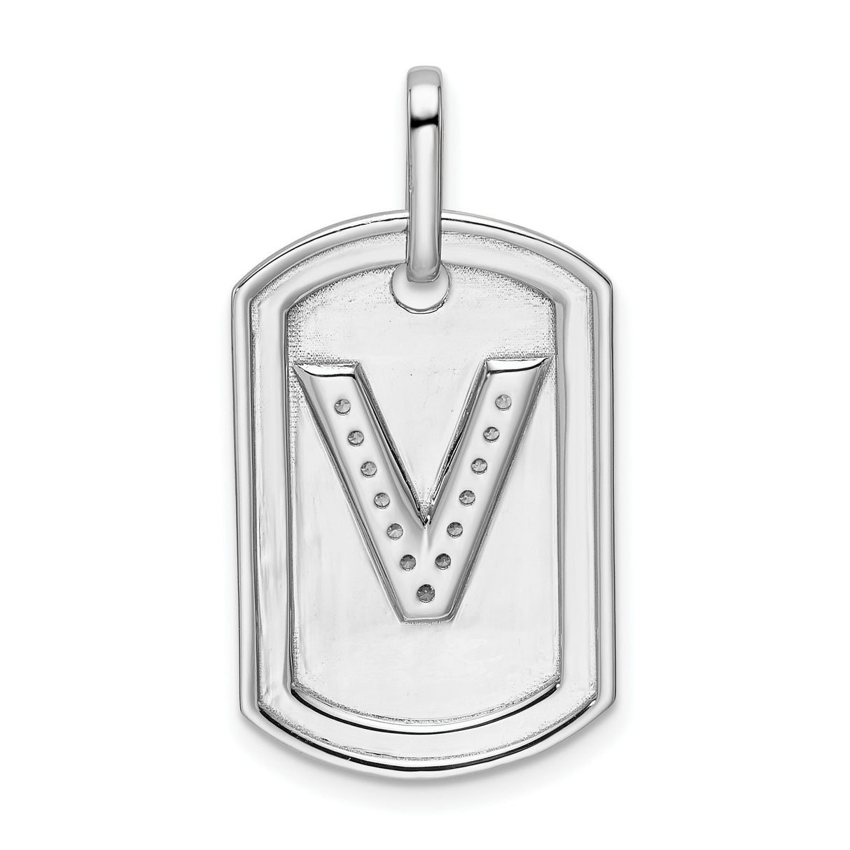 14k White Gold Dog Tag Pendant with Pavé Diamond Letter V, Modern Alphabet Charm