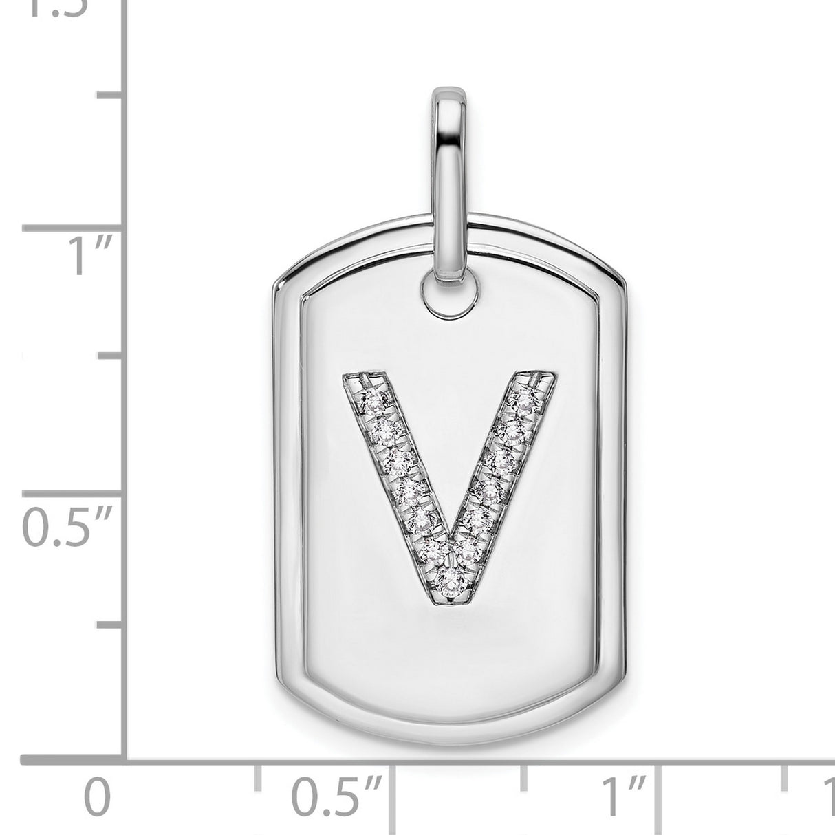 14k White Gold Dog Tag Pendant with Pavé Diamond Letter V, Modern Alphabet Charm
