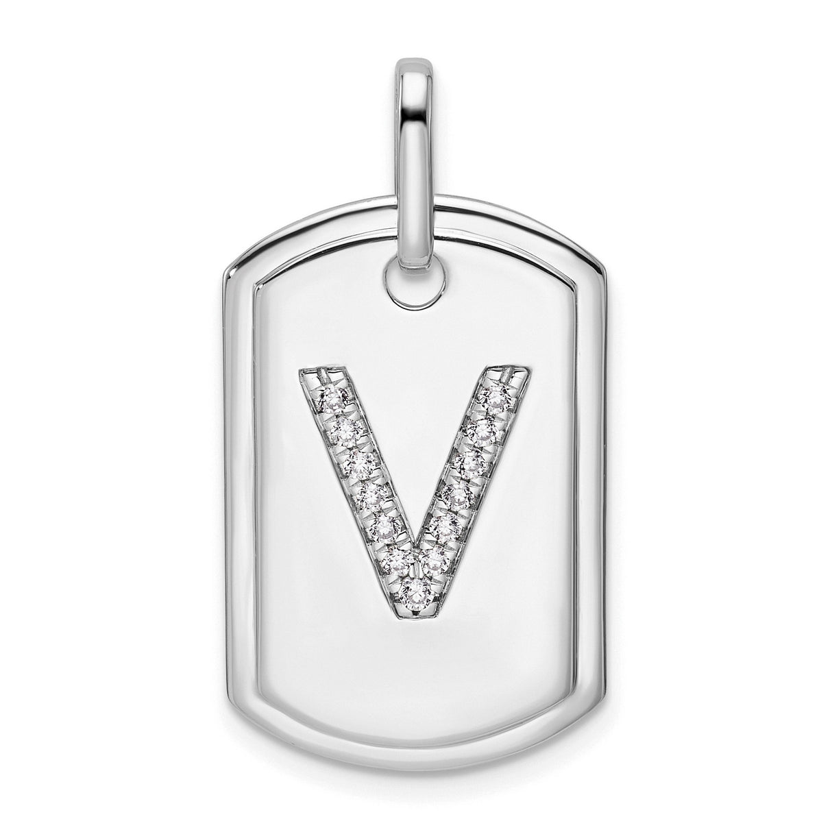 14k White Gold Dog Tag Pendant with Pavé Diamond Letter V, Modern Alphabet Charm
