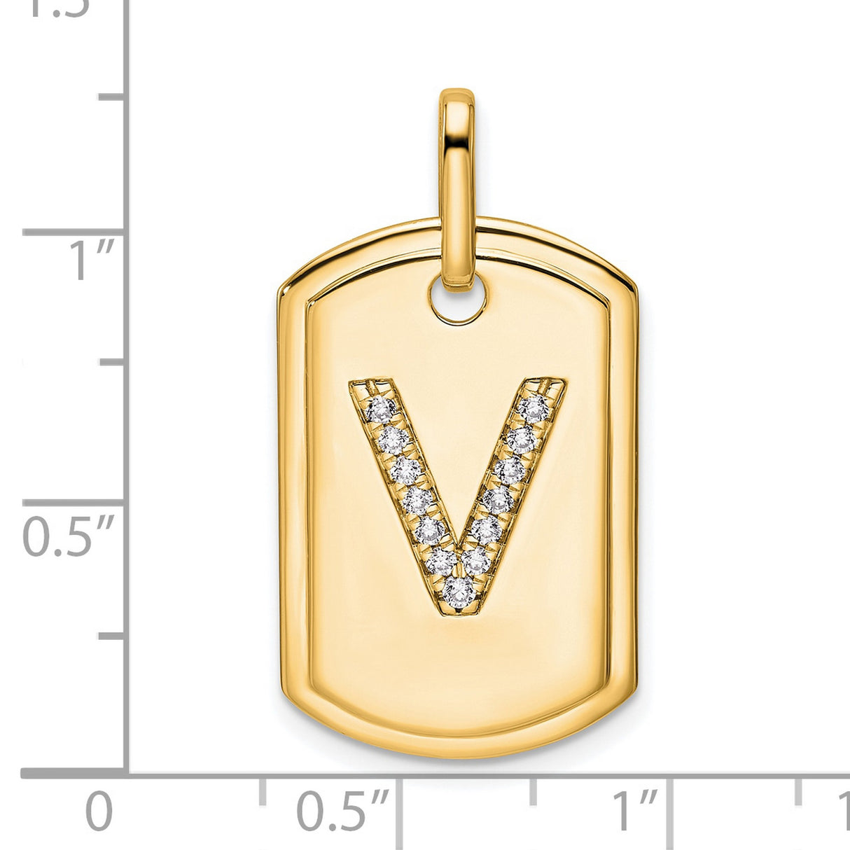 14k Yellow Gold Dog Tag Pendant with Pavé Diamond Letter V, Monogram Charm