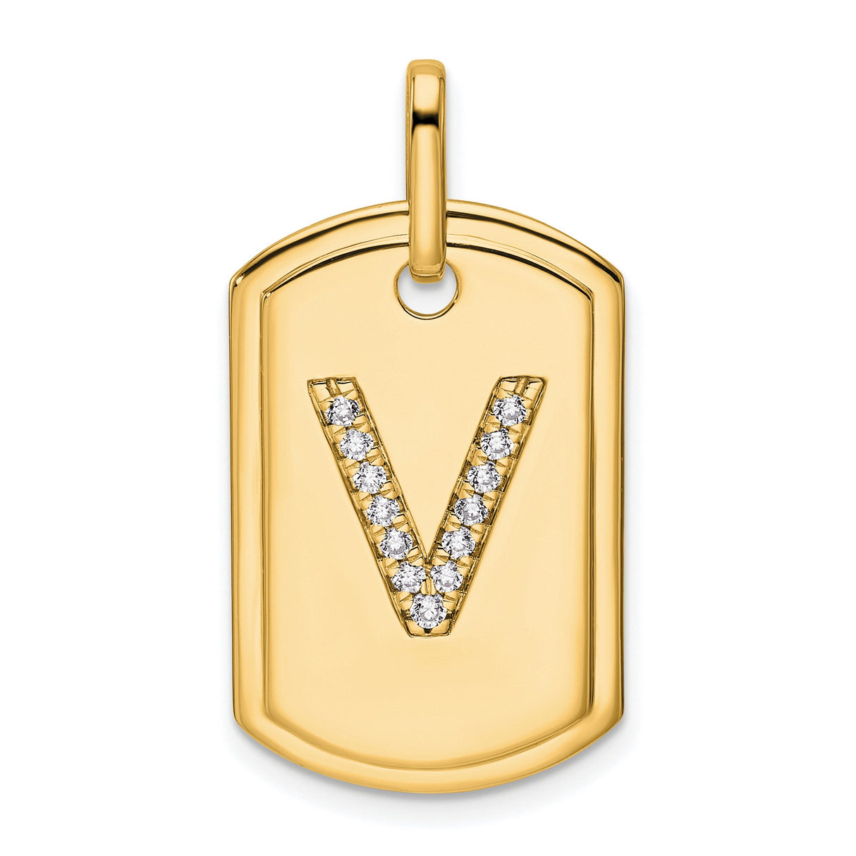 14k Yellow Gold Dog Tag Pendant with Pavé Diamond Letter V, Monogram Charm