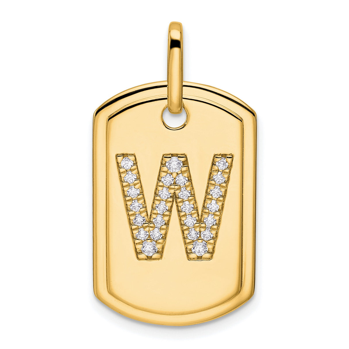 14k Yellow Gold Dog Tag Pendant with Pavé Diamond Initial W, Custom Letter Charm