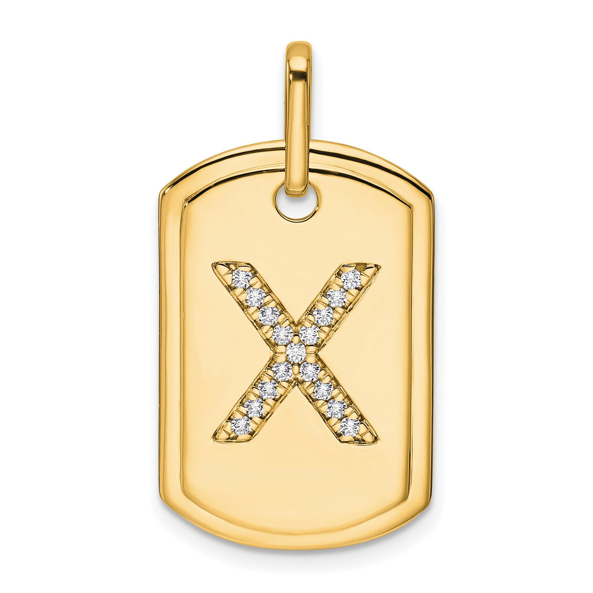 14k Yellow Gold Dog Tag Pendant with Diamond X Design, Polished Modern Geometric Style
