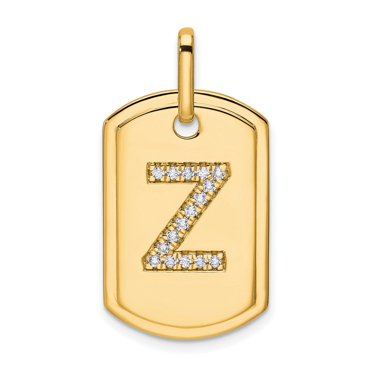 14k Yellow Gold Dog Tag Pendant with Pavé Diamond Letter Z Initial Charm