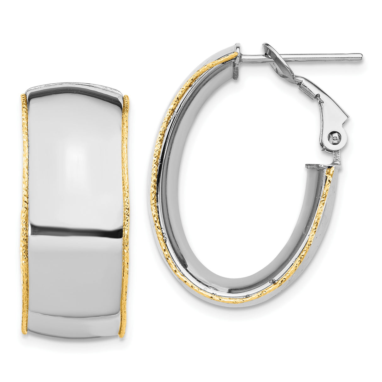 14k Two-Tone Gold Hoop Earrings with Polished White Gold Center and Rope Edging