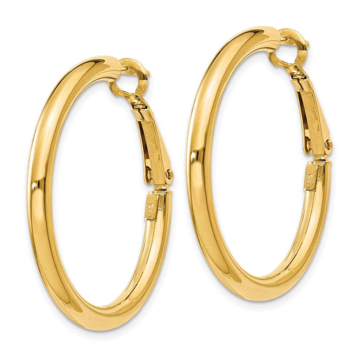 14k Yellow Gold Hoop Earrings, Medium Round Hoops with Hinged Clasp and Polished Finish