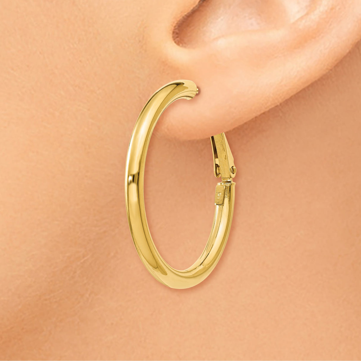 14k Yellow Gold Hoop Earrings, Medium Round Hoops with Hinged Clasp and Polished Finish