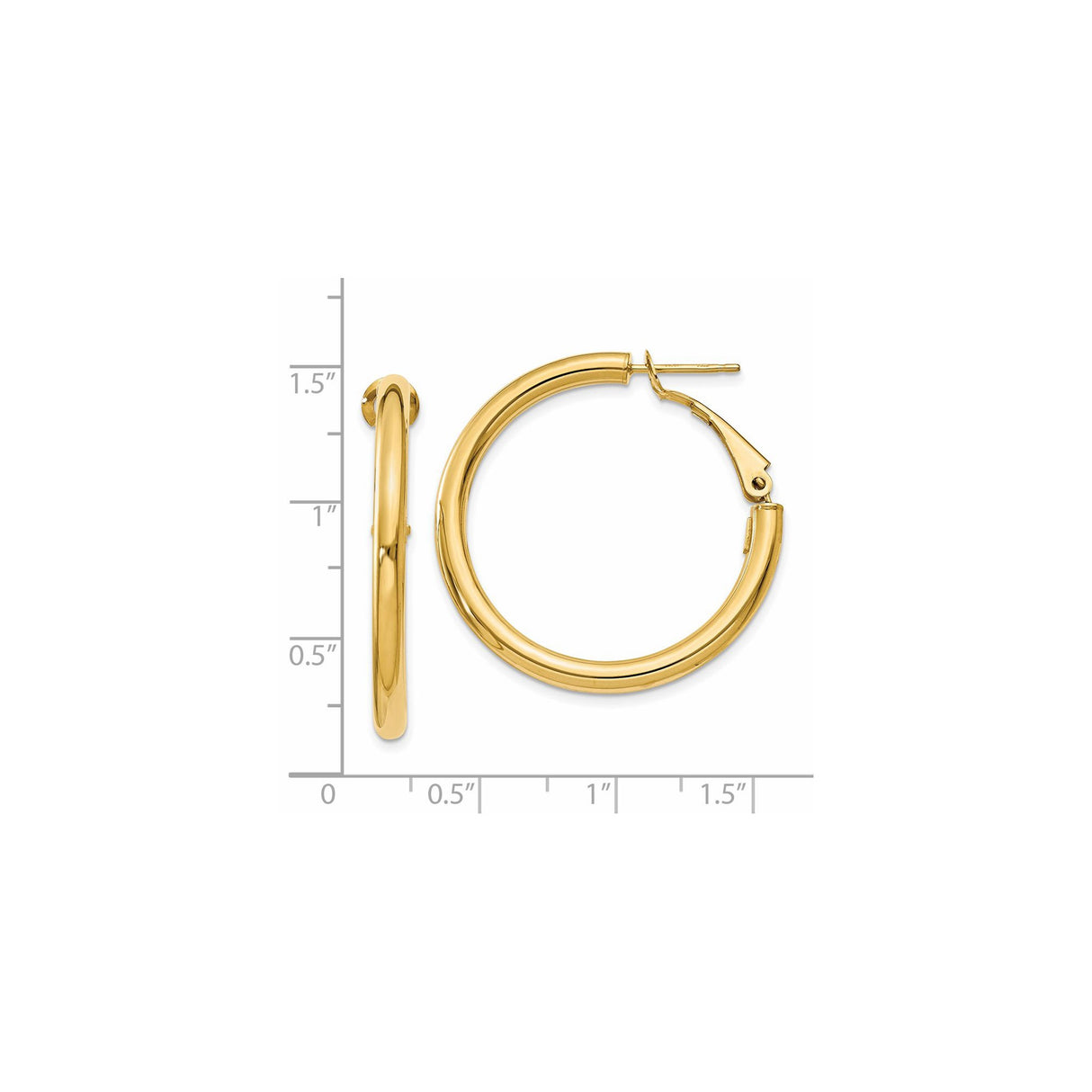 14k Yellow Gold Hoop Earrings, Medium Round Hoops with Hinged Clasp and Polished Finish