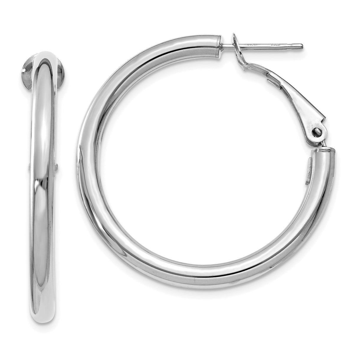 14k White Gold Hoop Earrings, Classic Round Tube with Hinged Snap Closure, Polished Finish