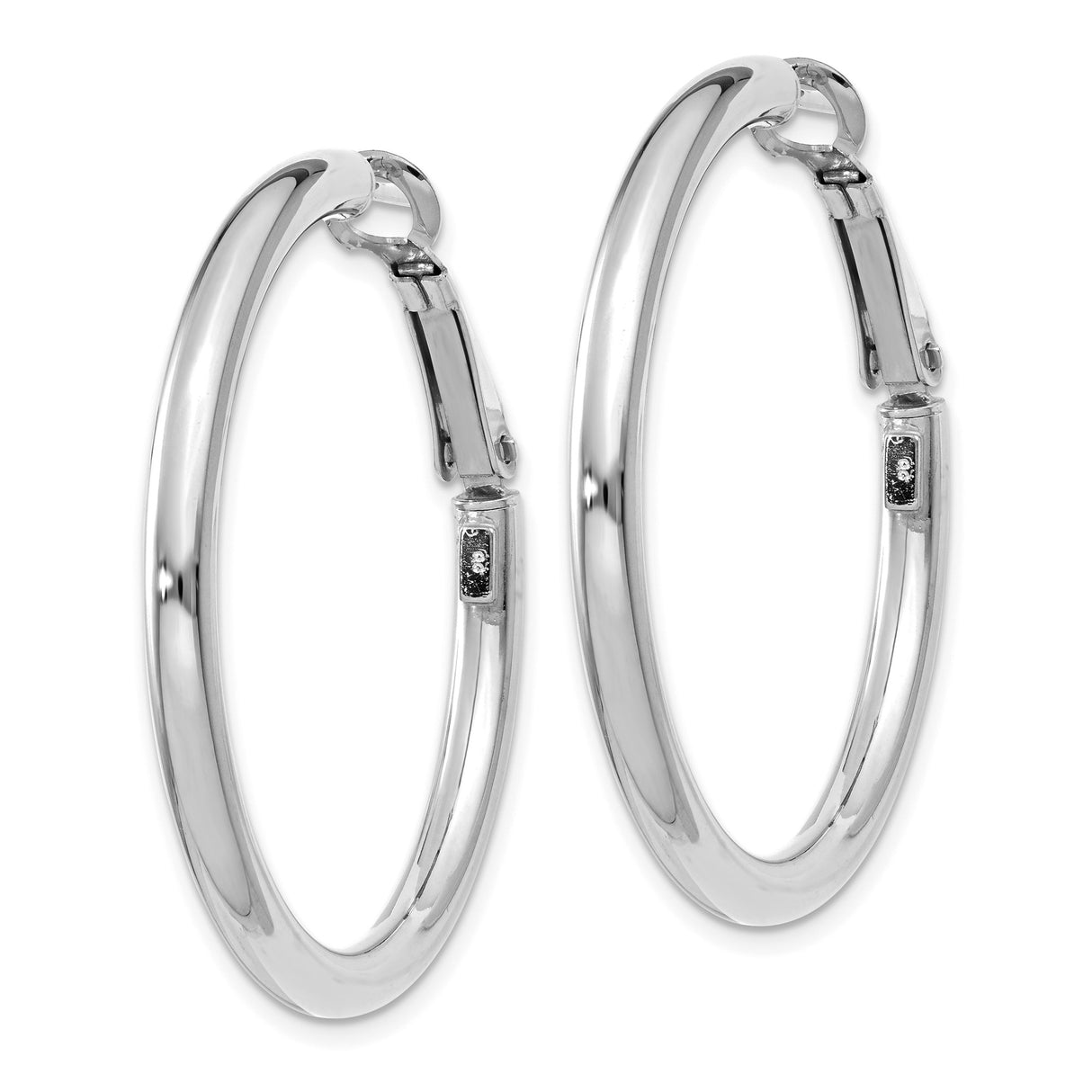 14k White Gold Hoop Earrings, Medium Round Polished Hoops with Latch Back Closure
