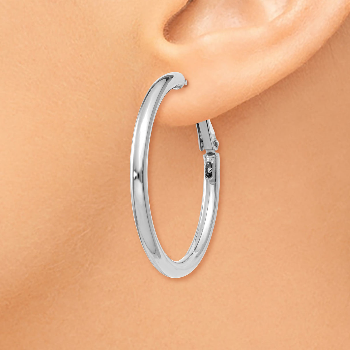 14k White Gold Hoop Earrings, Medium Round Polished Hoops with Latch Back Closure