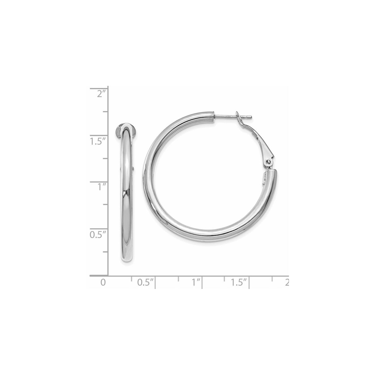 14k White Gold Hoop Earrings, Medium Round Polished Hoops with Latch Back Closure