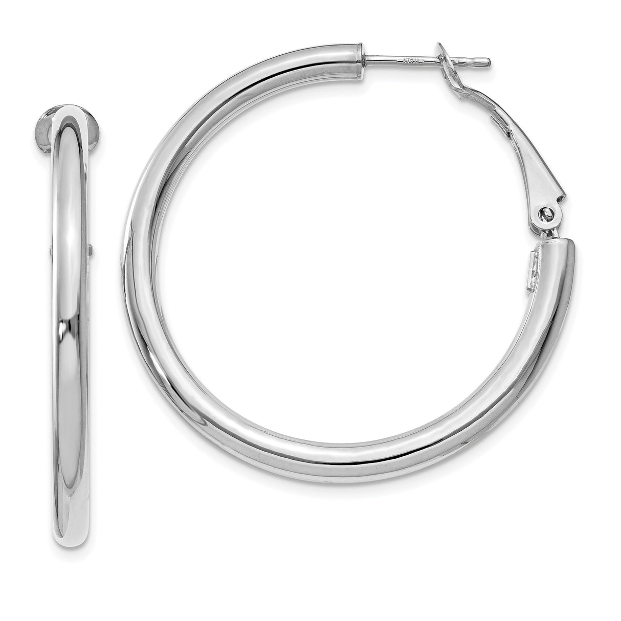 14k White Gold Hoop Earrings, Medium Round Polished Hoops with Latch Back Closure