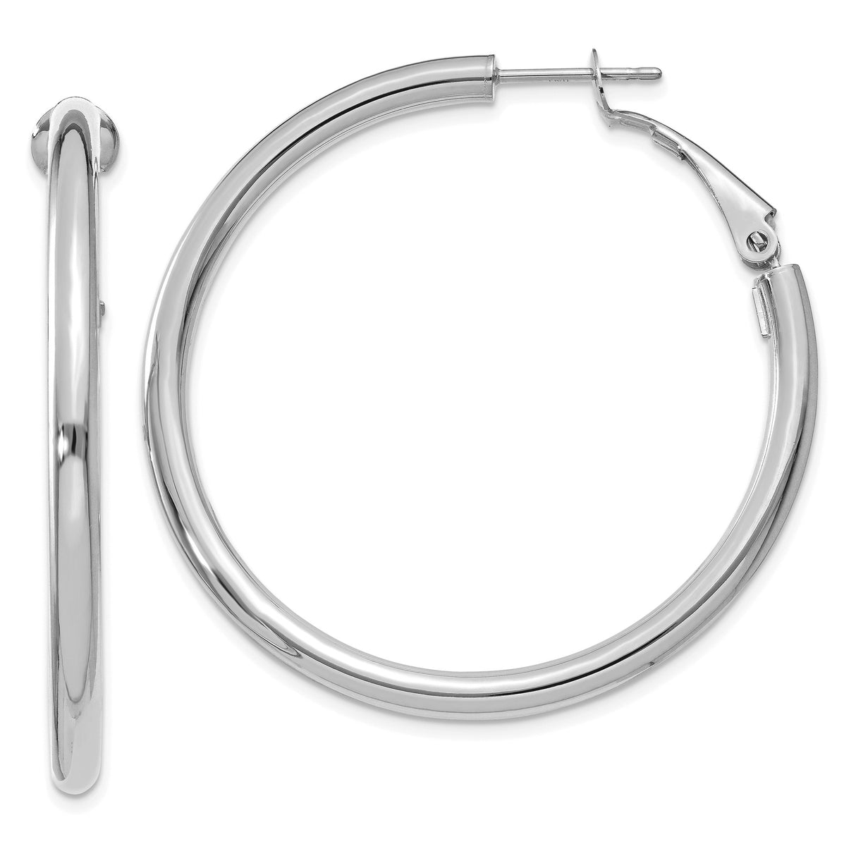 14k White Gold Hoop Earrings, Medium Round Polished Design with Hinged Snap-Back Closure