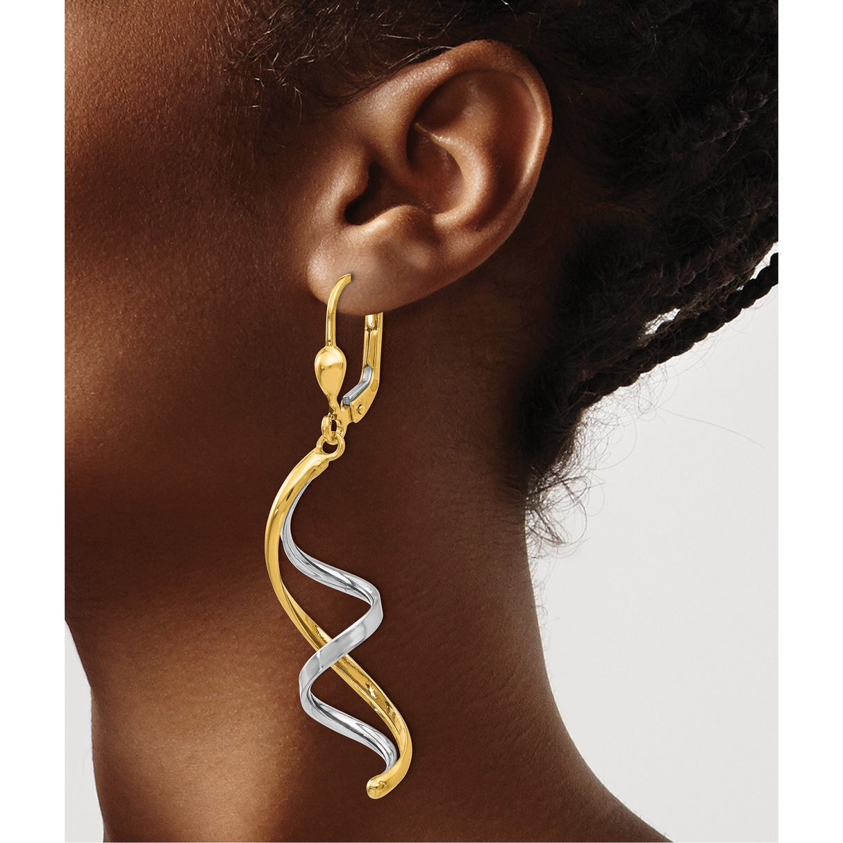 14k Two-Tone Gold Spiral Dangle Earrings with Leverback Hooks, Twisted Drop Design for Women