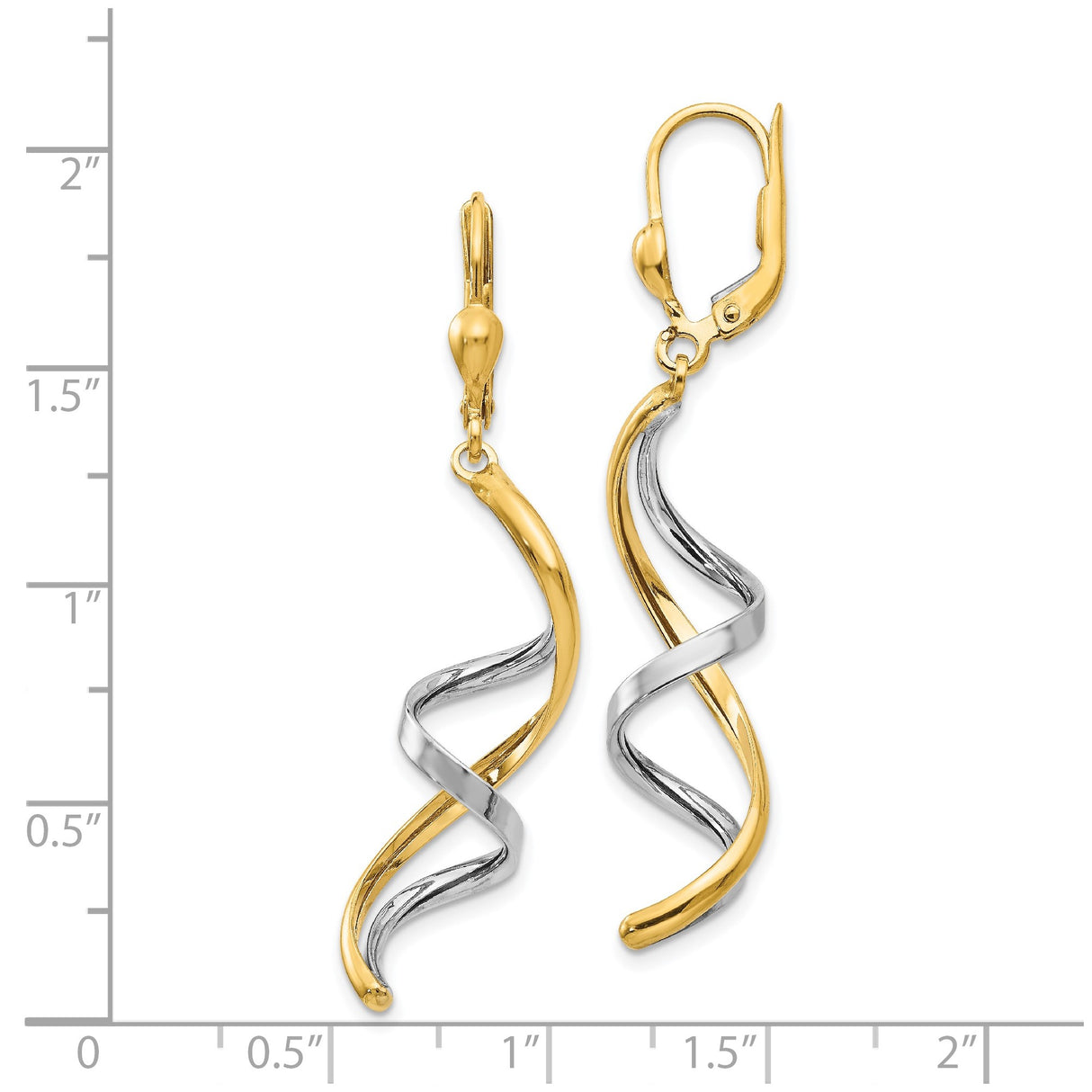 14k Two-Tone Gold Spiral Dangle Earrings with Leverback Hooks, Twisted Drop Design for Women