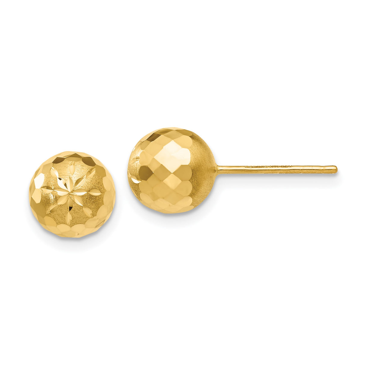 14k Yellow Gold Ball Stud Earrings with Diamond Cut Floral Design, Faceted Mirror Finish