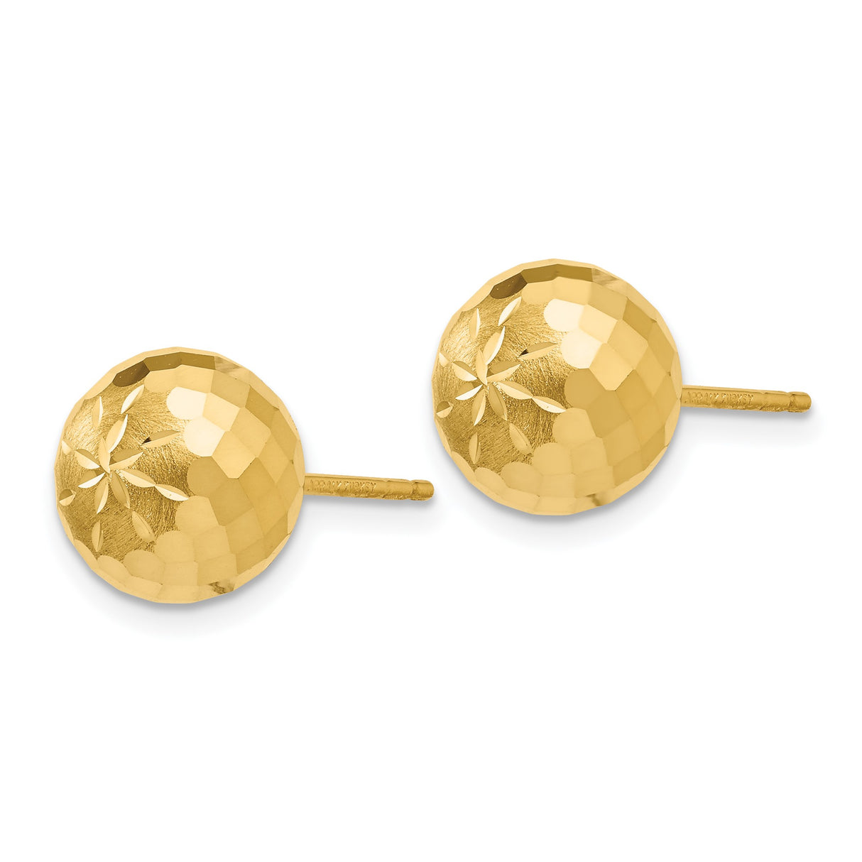 14k Yellow Gold Ball Stud Earrings with Faceted Mirror Finish and Starburst Design
