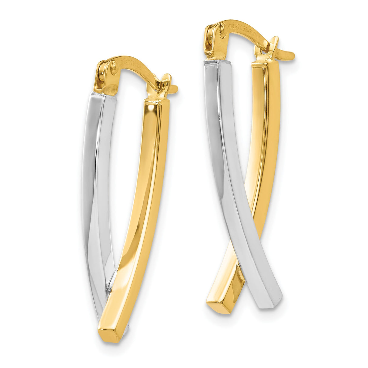 14k Two Tone Gold Dangle Hoop Earrings with Twisted Crossover Design for Women