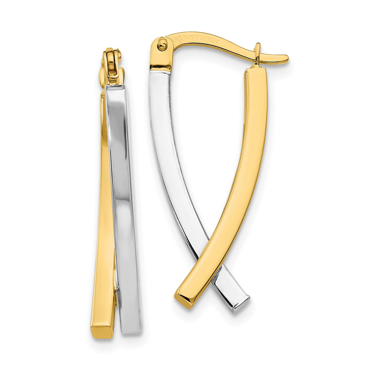 14k Two Tone Gold Dangle Hoop Earrings with Twisted Crossover Design for Women