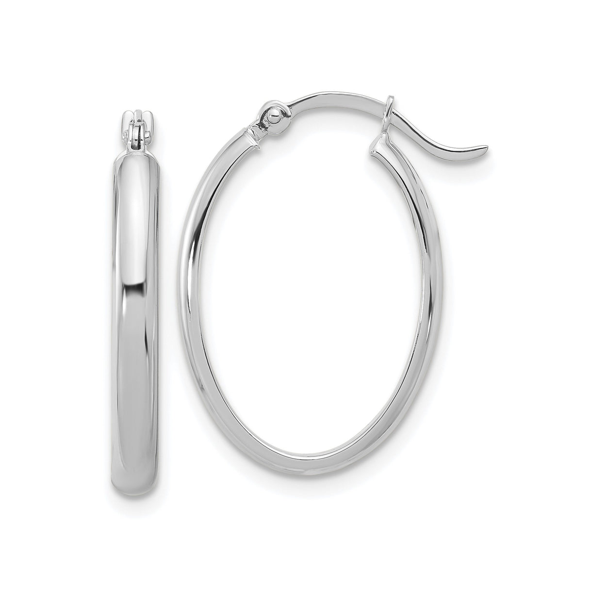 14k White Gold Hoop Earrings, Medium Oval with Polished Finish and Hinged Clasp
