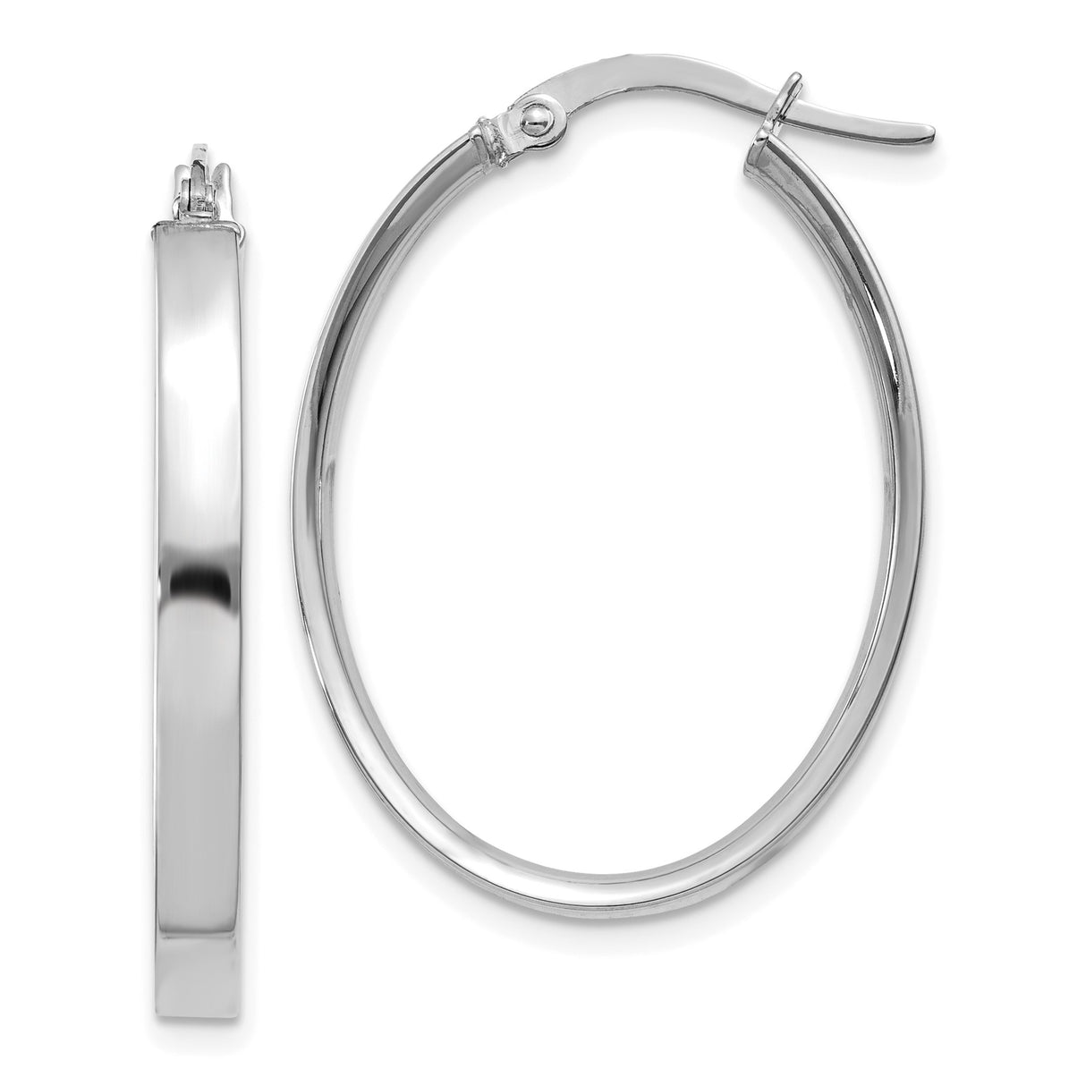14k White Gold Oval Hoop Earrings, Lightweight High Polish Classic Modern Design
