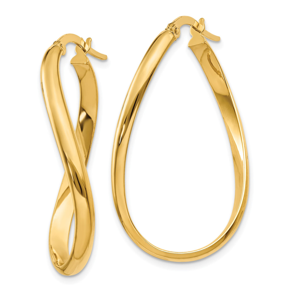 14k Yellow Gold Twisted Teardrop Hoop Earrings, Polished Oval Design for Women