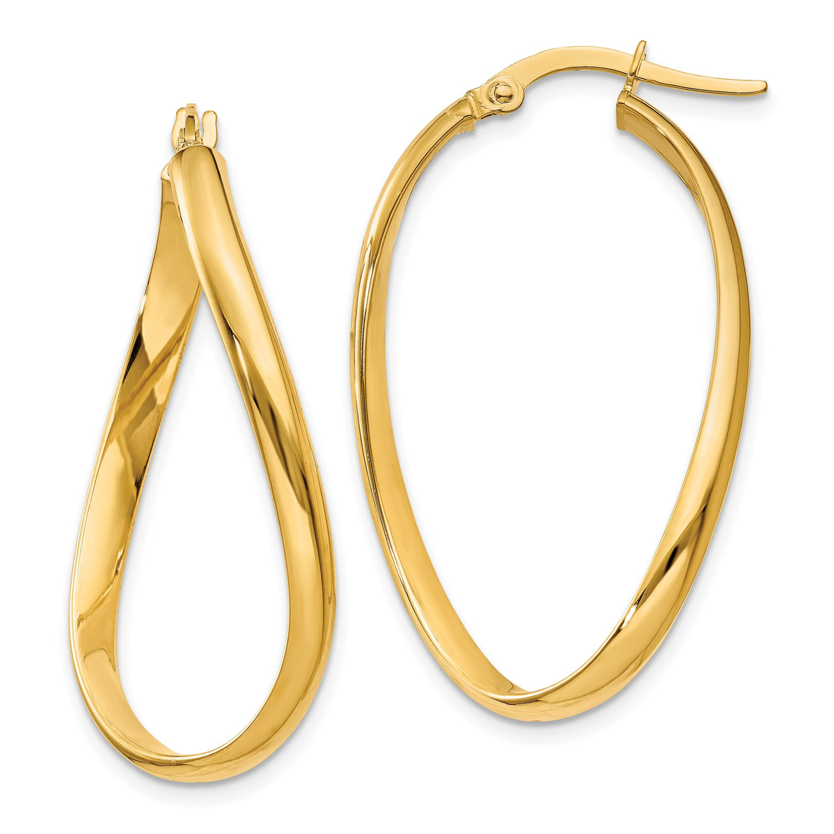 14k Yellow Gold Twisted Teardrop Hoop Earrings, Polished Oval Design for Women