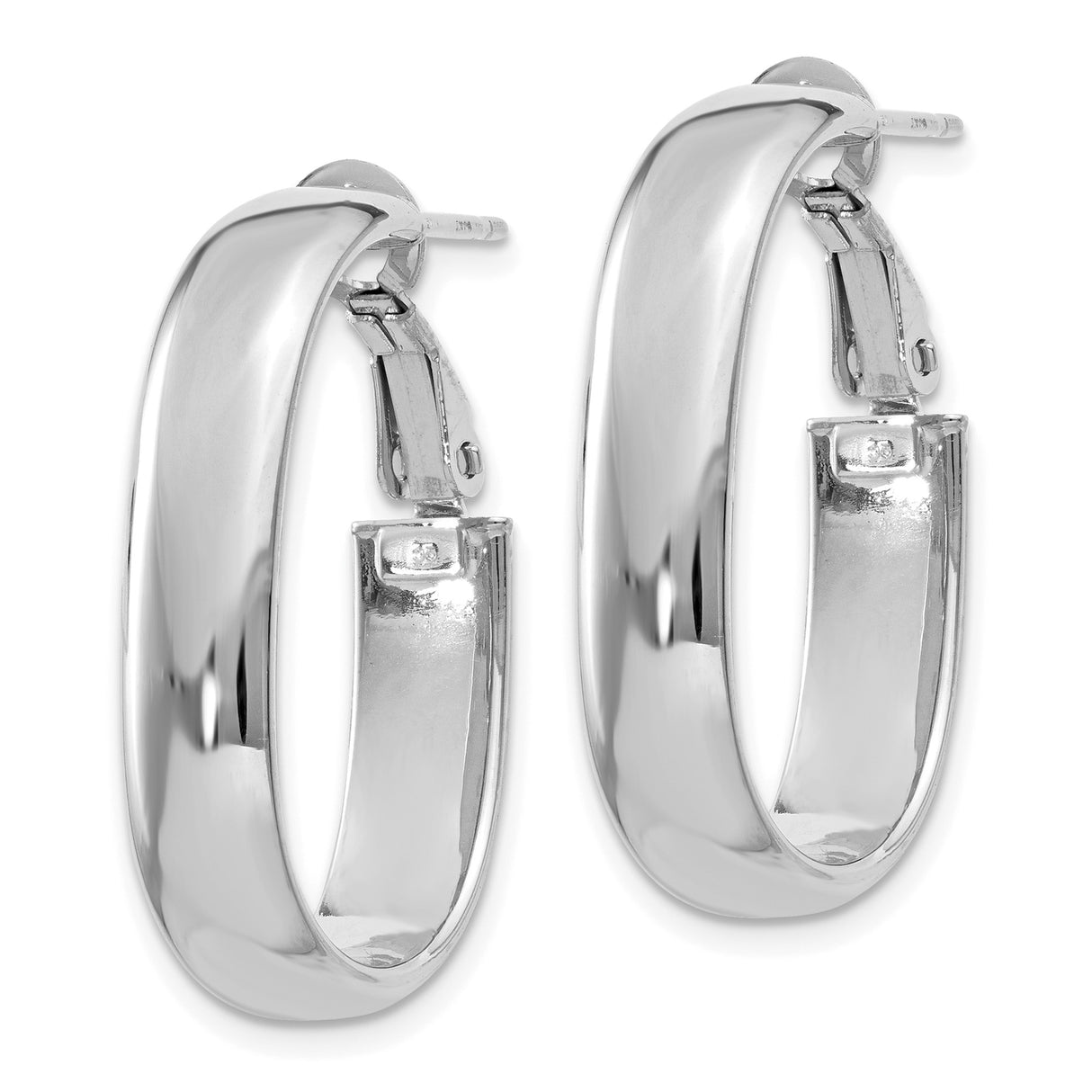14k White Gold Oval Hoop Earrings with Hinged Snap Back Closure, Polished Minimalist Design