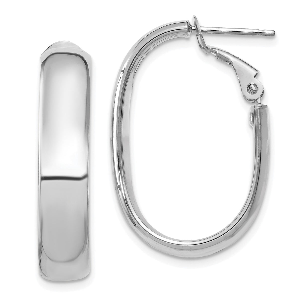 14k White Gold Oval Hoop Earrings with Hinged Snap Back Closure, Polished Minimalist Design
