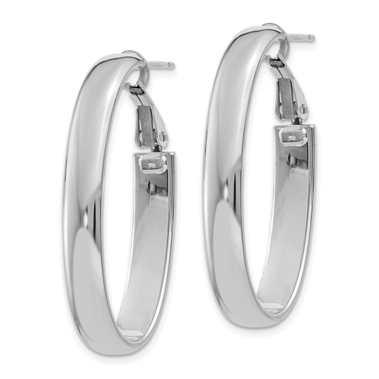 14k White Gold Hoop Earrings, Polished Oval Shape, Hinged Back, Minimalist Style