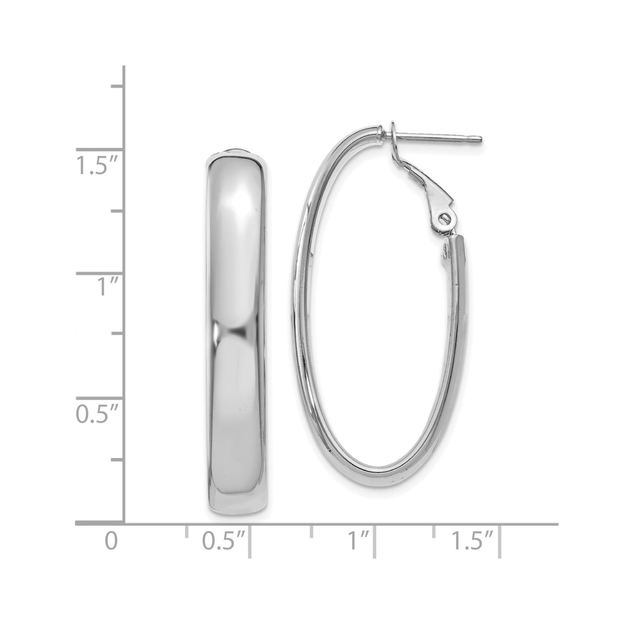14k White Gold Hoop Earrings, Polished Oval Shape, Hinged Back, Minimalist Style