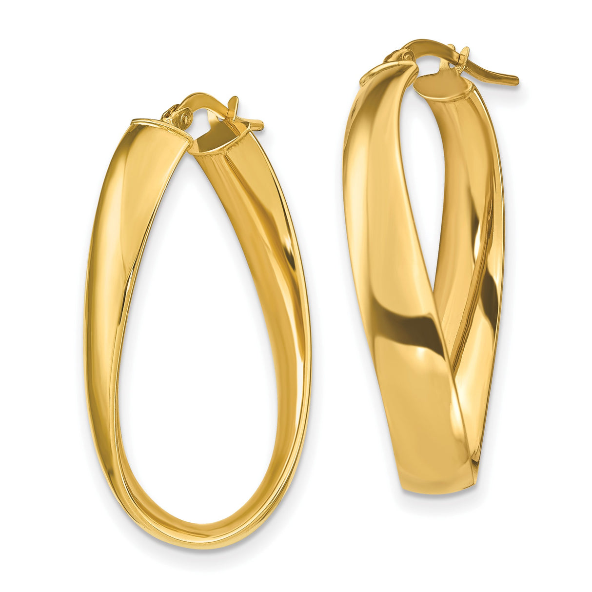 14k Yellow Gold Twisted Oval Hoop Earrings, High Polish Sculptural Design for Women