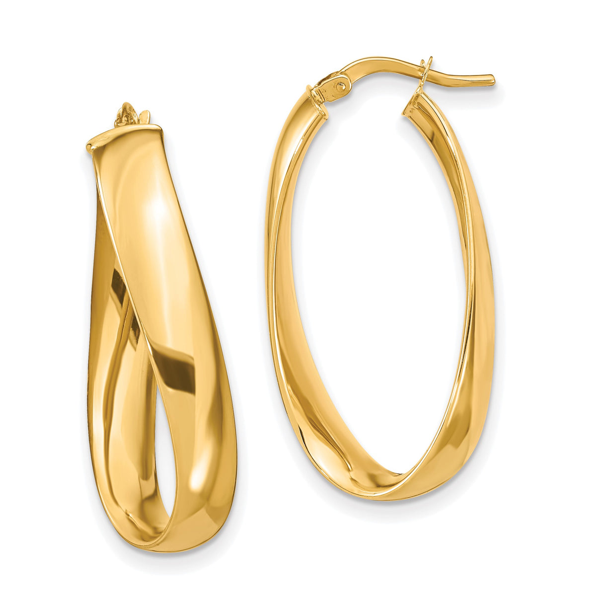 14k Yellow Gold Twisted Oval Hoop Earrings, High Polish Sculptural Design for Women