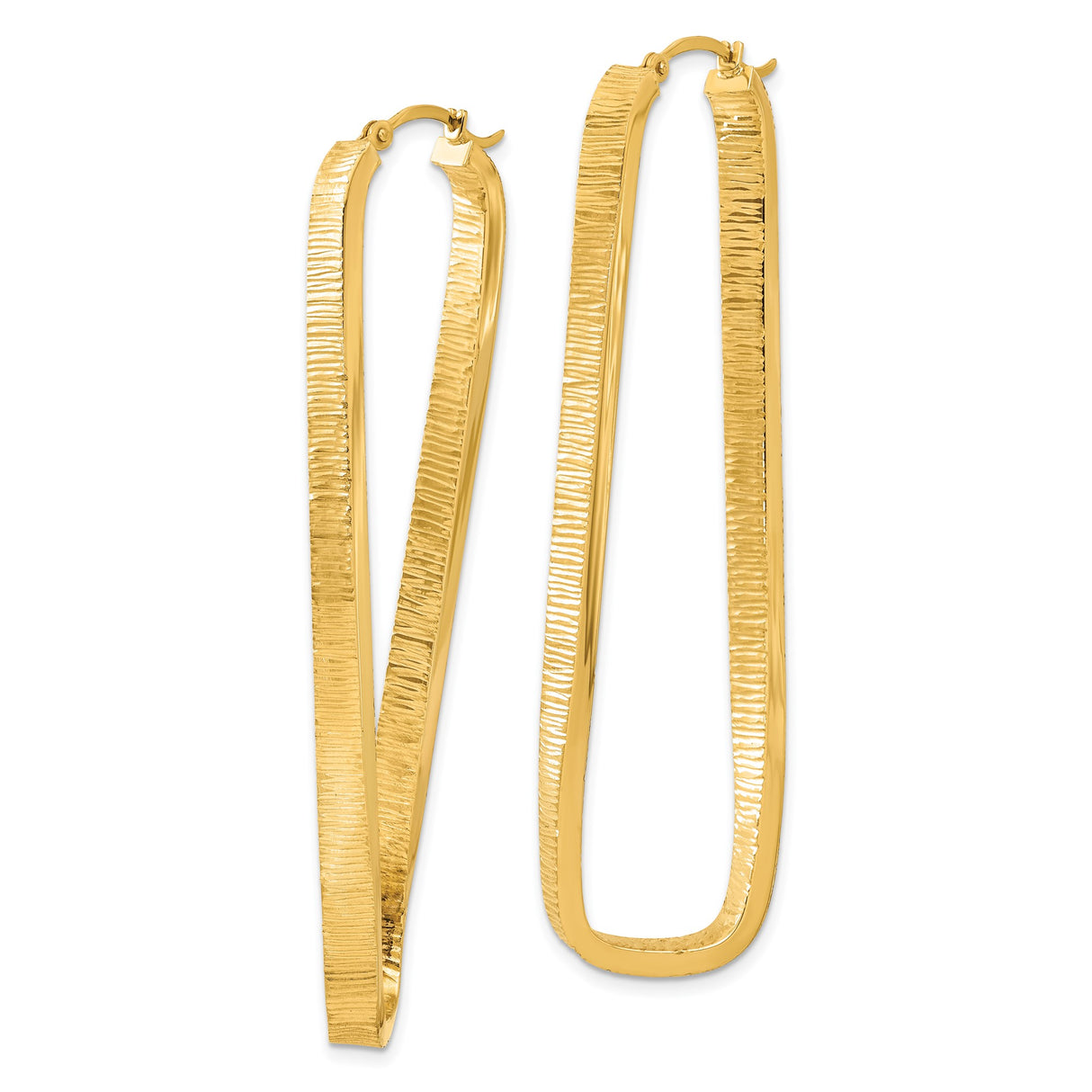 14k Yellow Gold Hoop Earrings, Elongated Teardrop Shape with Textured Finish, Lightweight Design