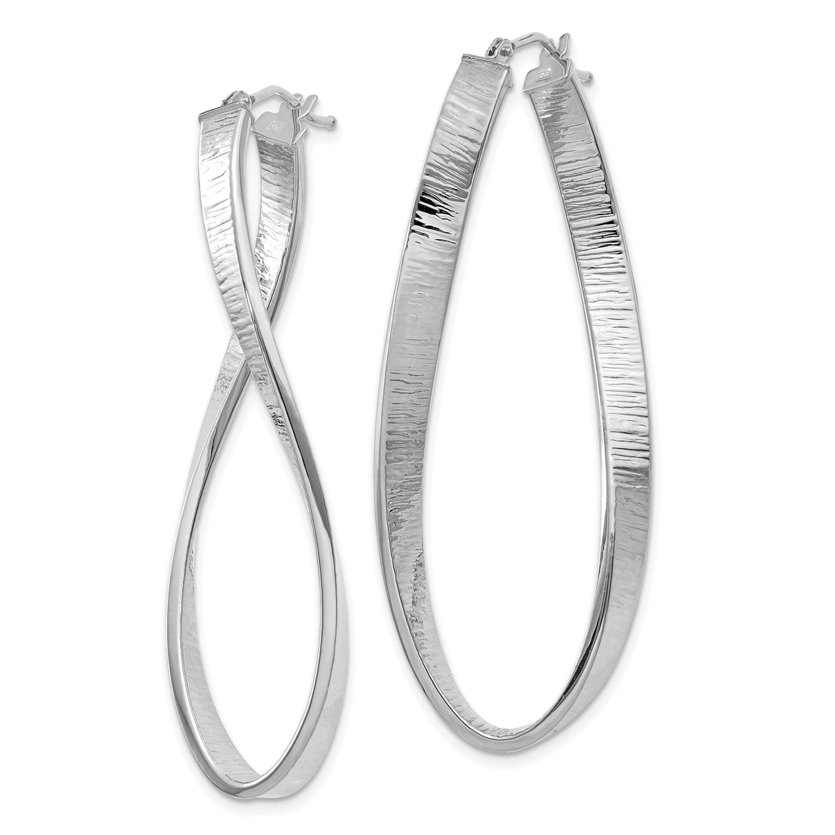 14k White Gold Elongated Hoop Earrings with Twisted Rectangular Design and Textured Finish