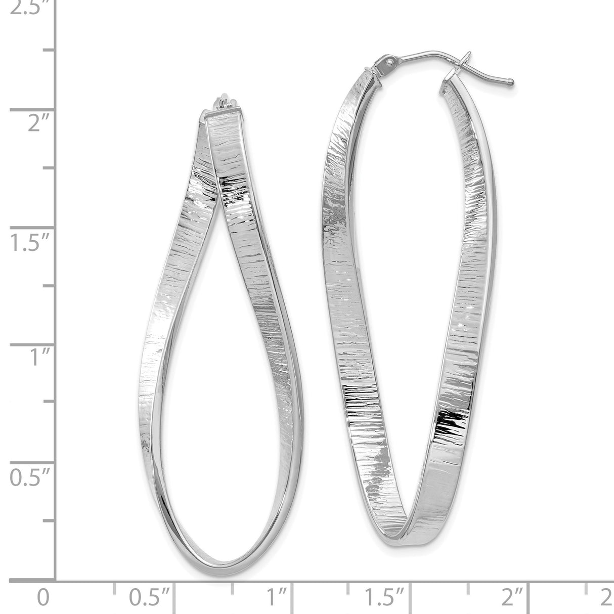14k White Gold Elongated Hoop Earrings with Twisted Rectangular Design and Textured Finish