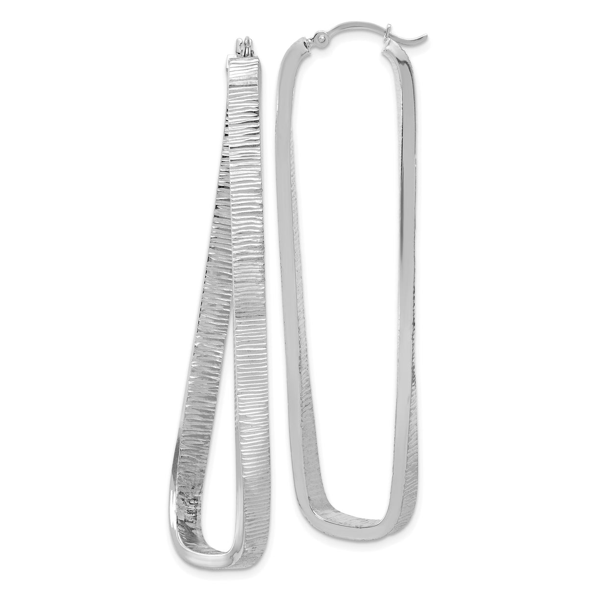 14k White Gold Elongated Hoop Earrings with Twisted Rectangular Design and Textured Finish