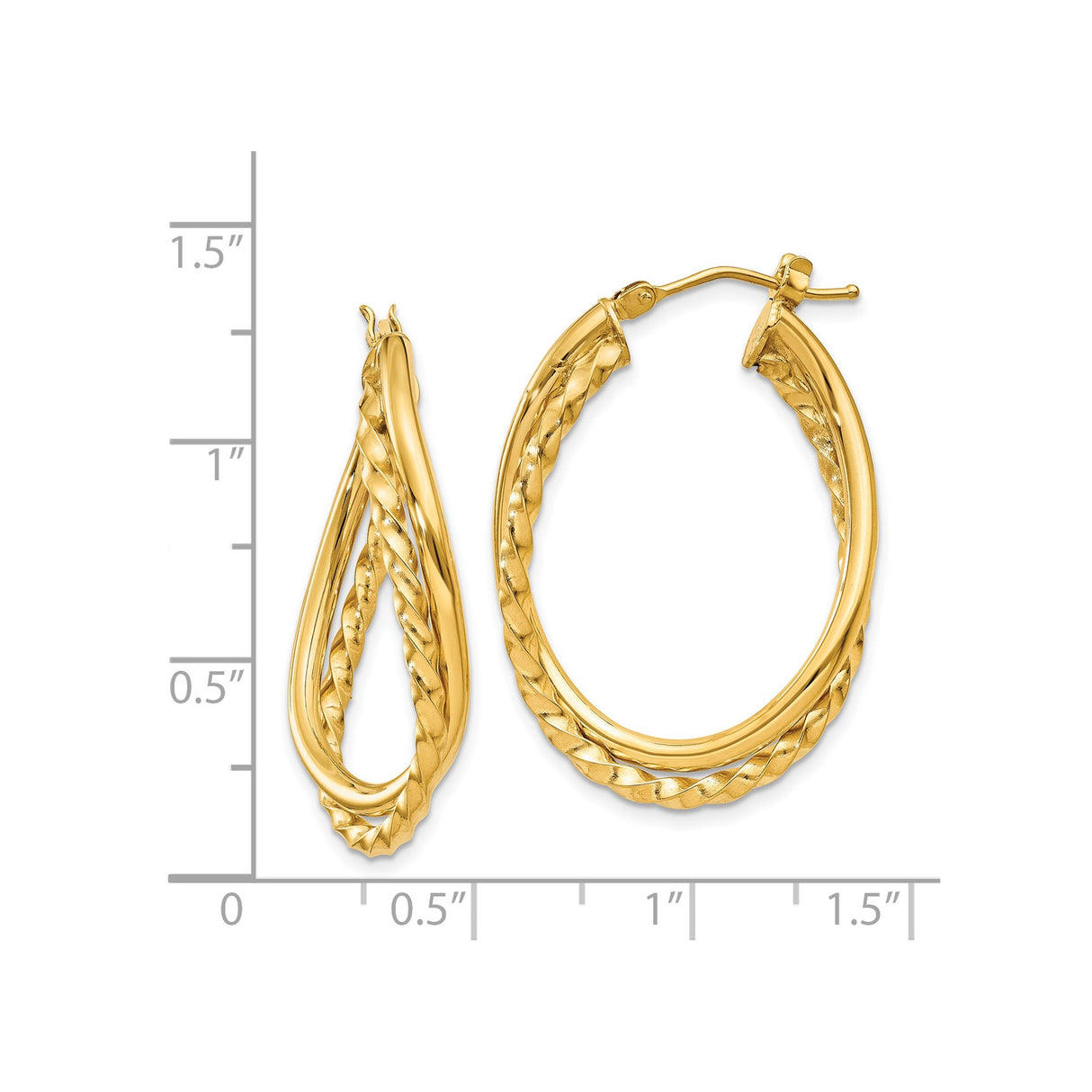 14k Yellow Gold Twisted Hoop Earrings, Braided Oval Lightweight Design for Women