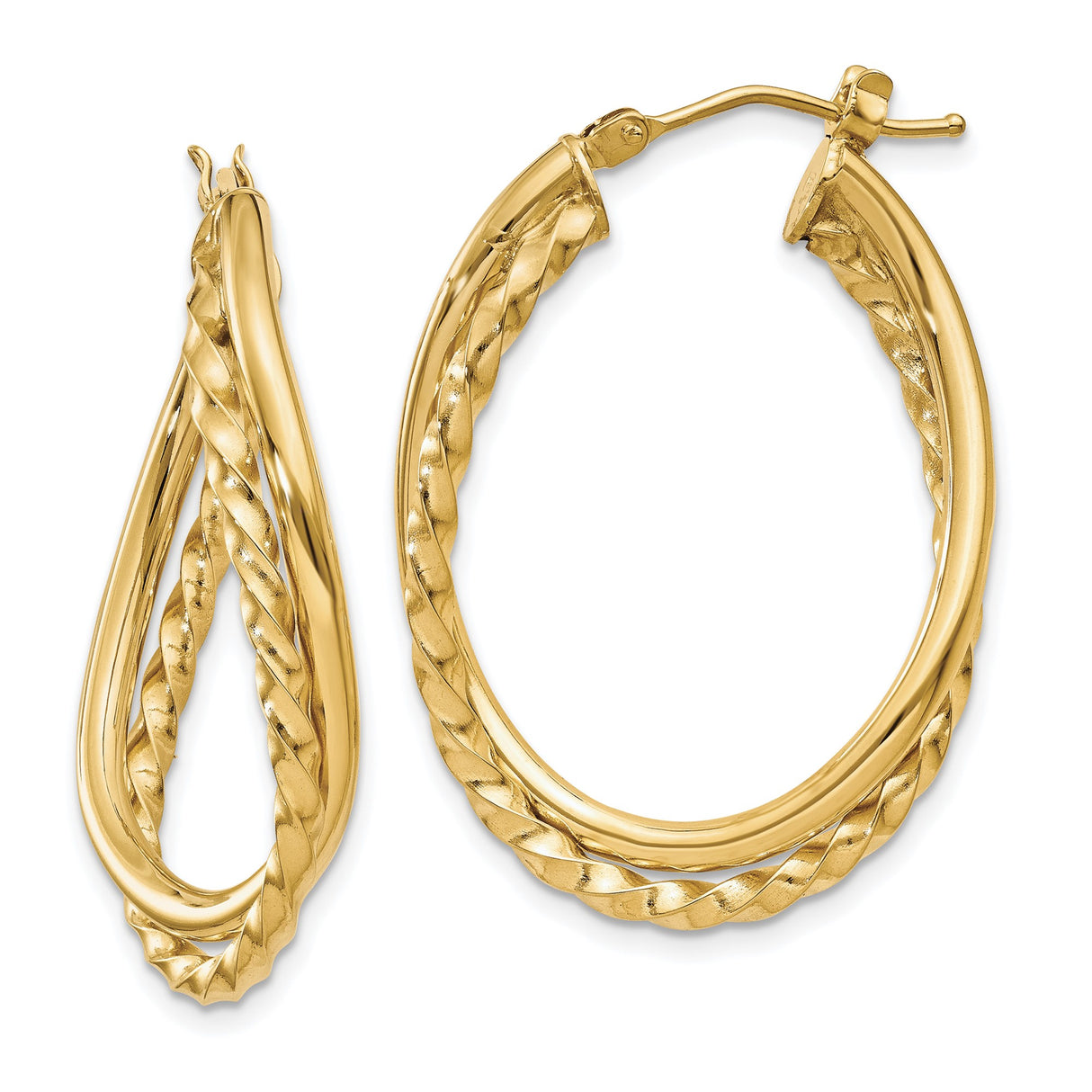 14k Yellow Gold Twisted Hoop Earrings, Braided Oval Lightweight Design for Women