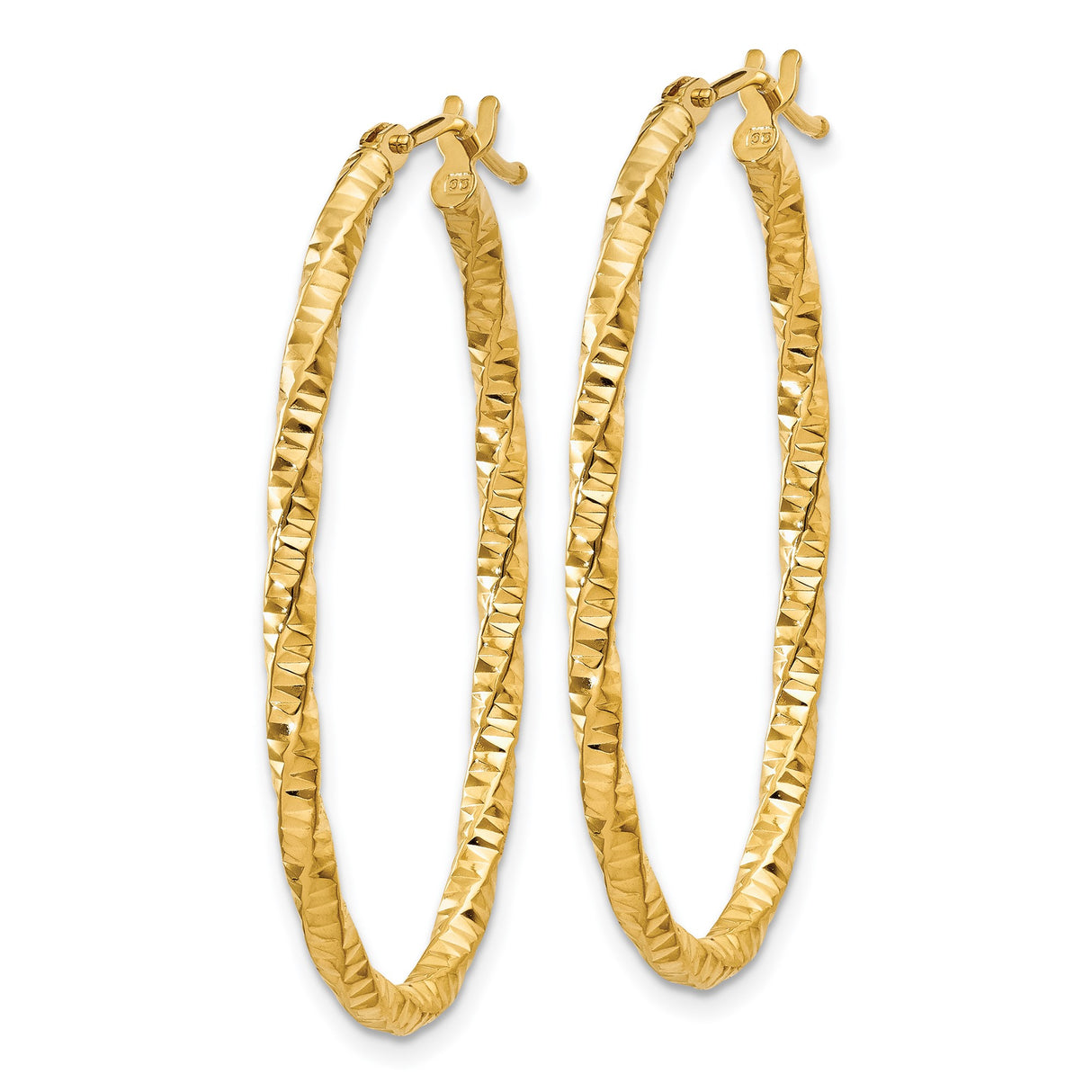 14k Yellow Gold Twisted Oval Hoop Earrings, Diamond Cut Textured Design, Lightweight for Women
