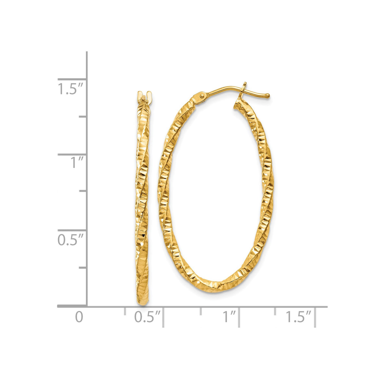 14k Yellow Gold Twisted Oval Hoop Earrings, Diamond Cut Textured Design, Lightweight for Women
