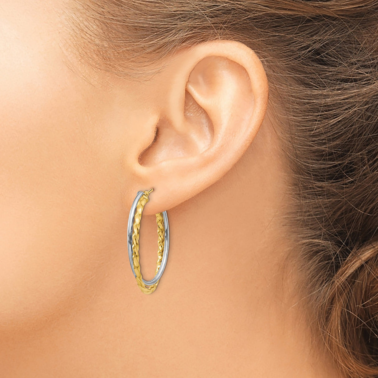 14k Two-Tone Gold Hoop Earrings with Twisted Intertwined Yellow and White Strands