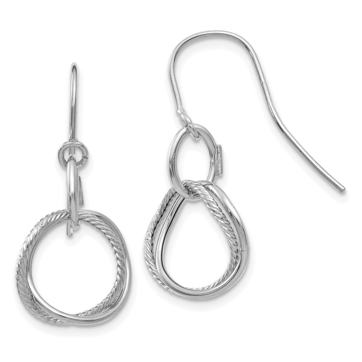 14k White Gold Dangle Earrings with Intertwined Teardrop and Circle Design